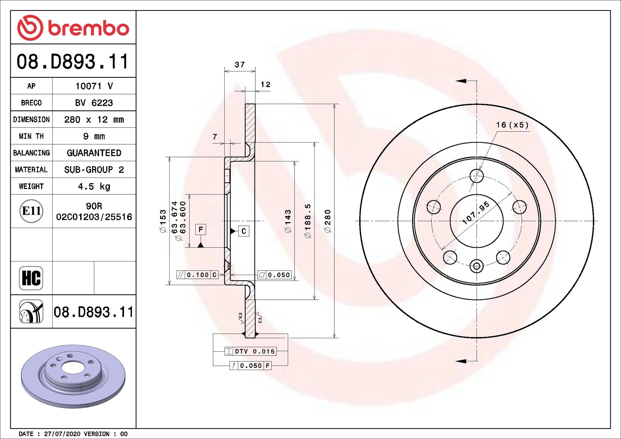 BREMBO Brake disc Article number: 08.D893.11 cheaply