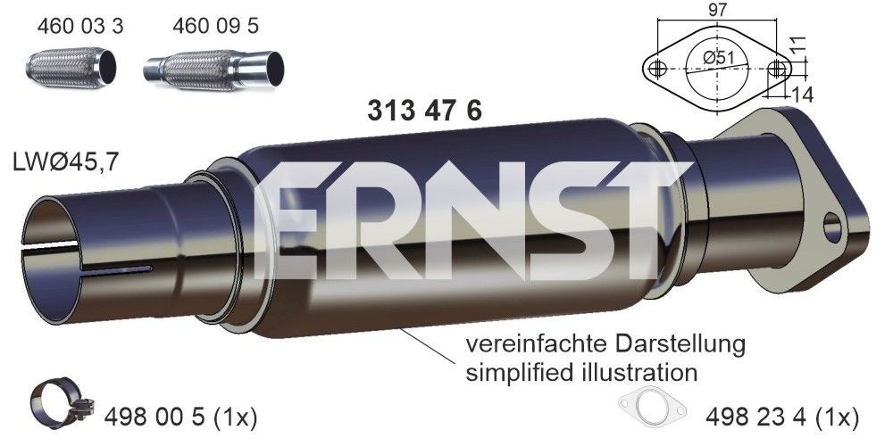 ERNST 313476 Reperationsrør, katalysator FIESTA 1.25 i 16V 75 HK Benzin 2002