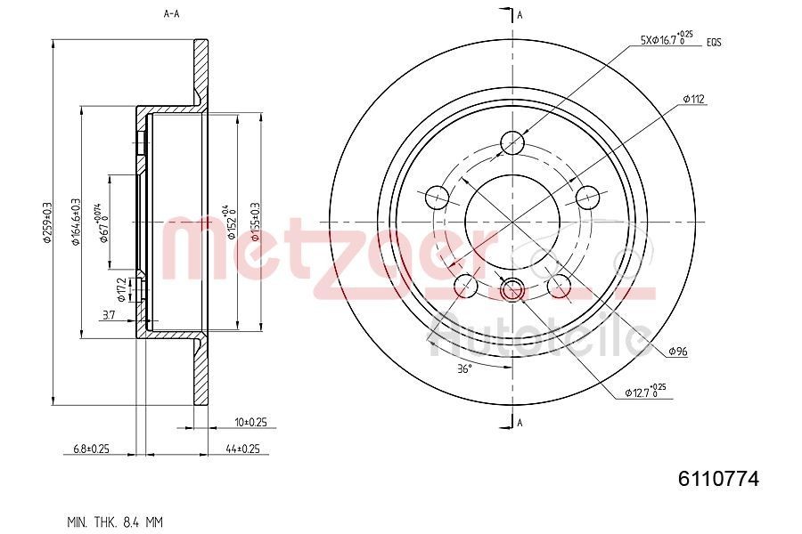 METZGER Brake disc Article number: 6110774 cheaply