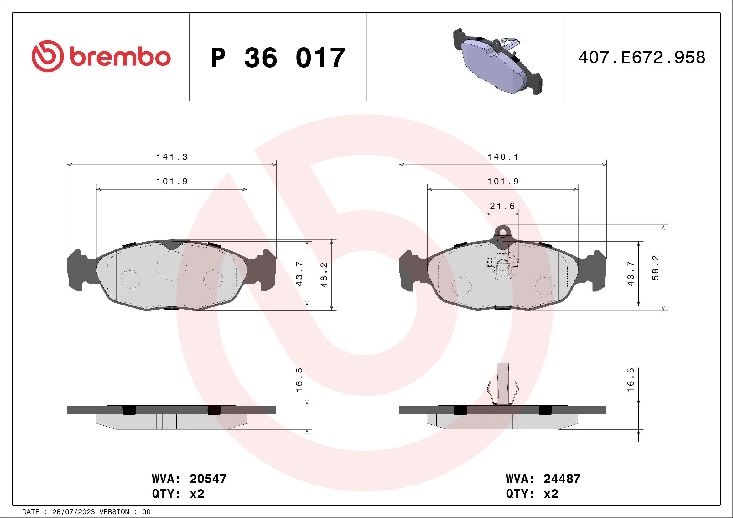 BREMBO Brake pad set Article number: P 36 017 cheaply