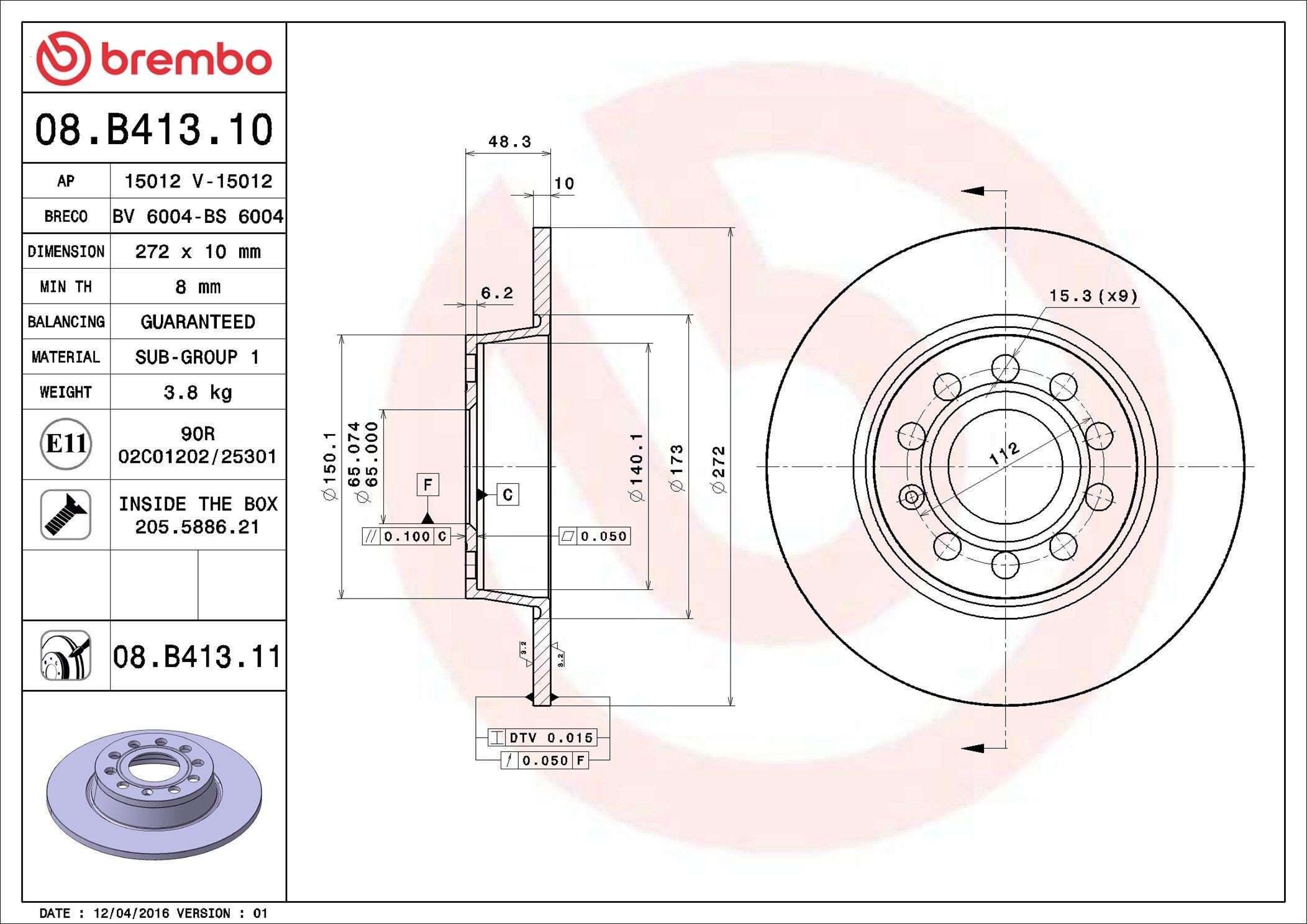BREMBO Brake disc Article number: 08.B413.11 cheaply