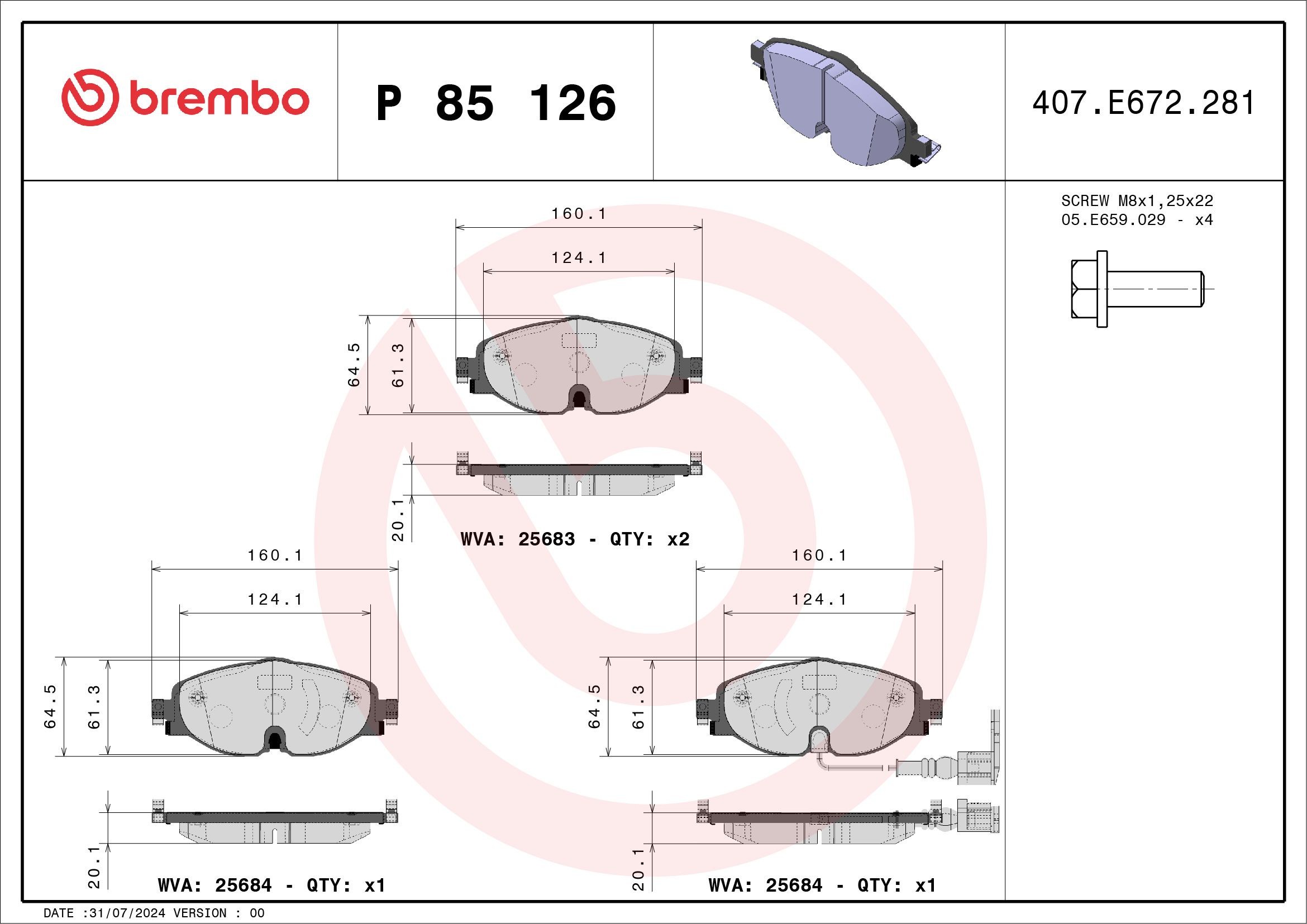 BREMBO Brake pad set Article number: P 85 126 cheaply