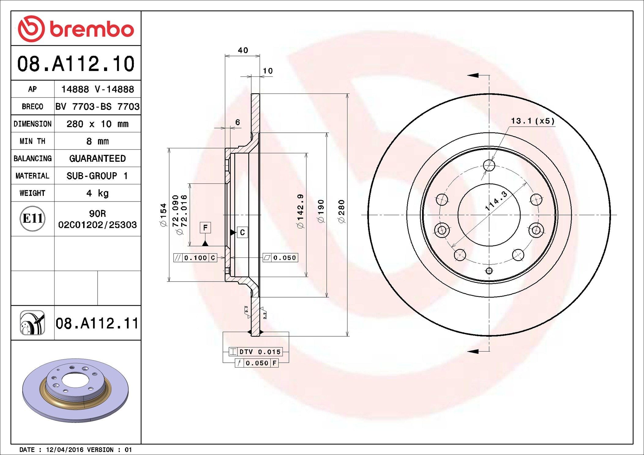 BREMBO Bremseskive Varenummer: 08.A112.10 billige