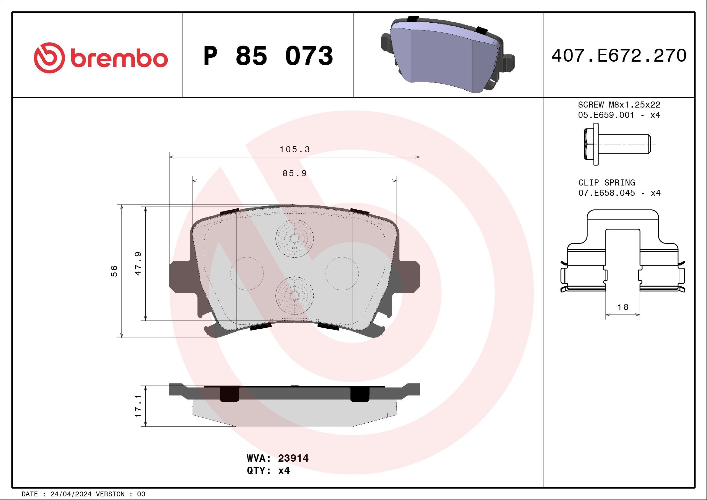 BREMBO Piduriklotsid Artikli number: P 85 073 soodsalt