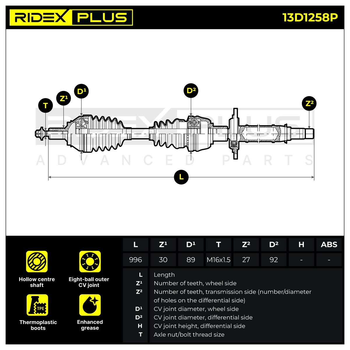 RIDEX PLUS Drive shaft Article number: 13D1258P cheaply