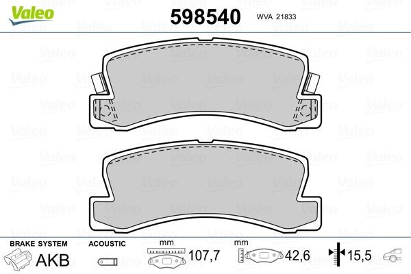VALEO Brake pad set Article number: 598540 cheaply