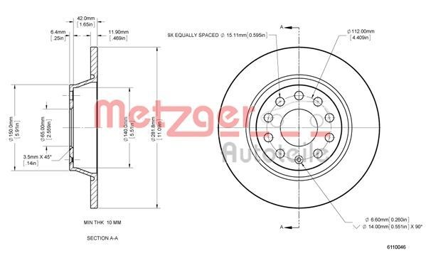 METZGER Brake disc Article number: 6110046 cheaply