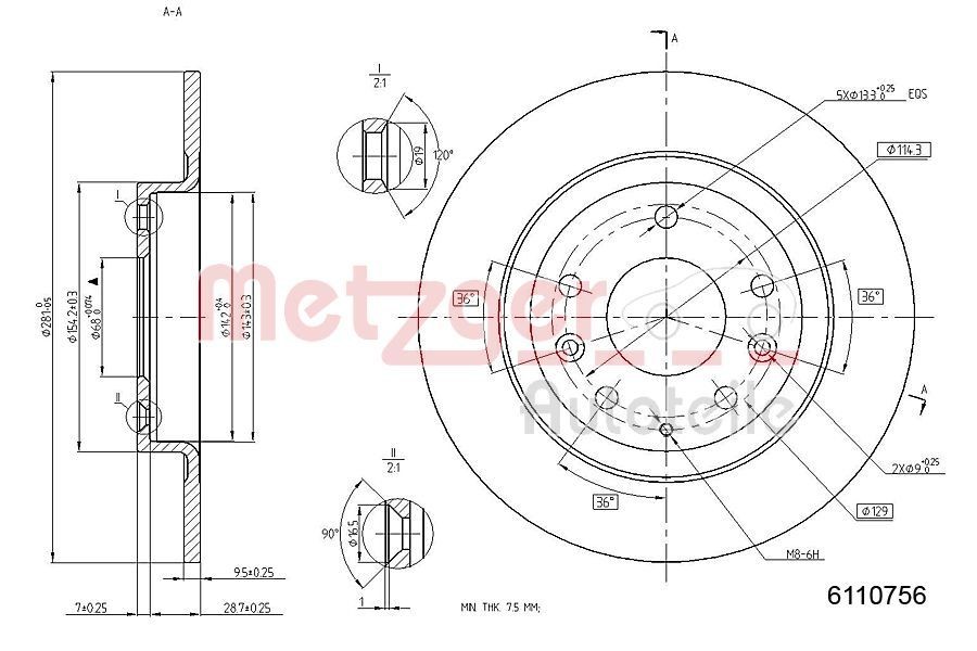 METZGER Brake disc Article number: 6110756 cheaply