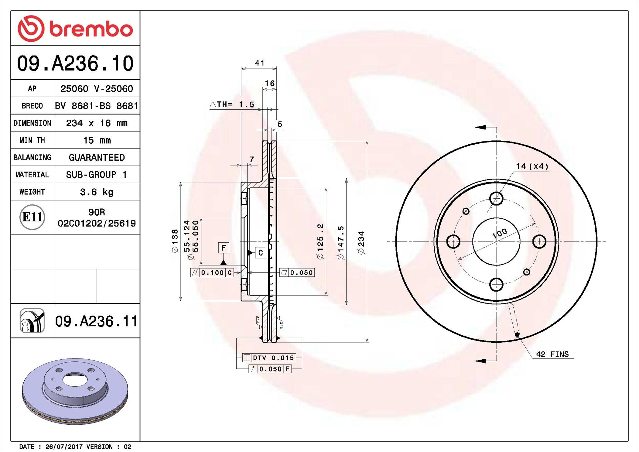 BREMBO Brake disc Article number: 09.A236.11 cheaply