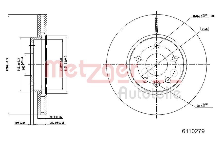 METZGER Brake disc Article number: 6110279 cheaply