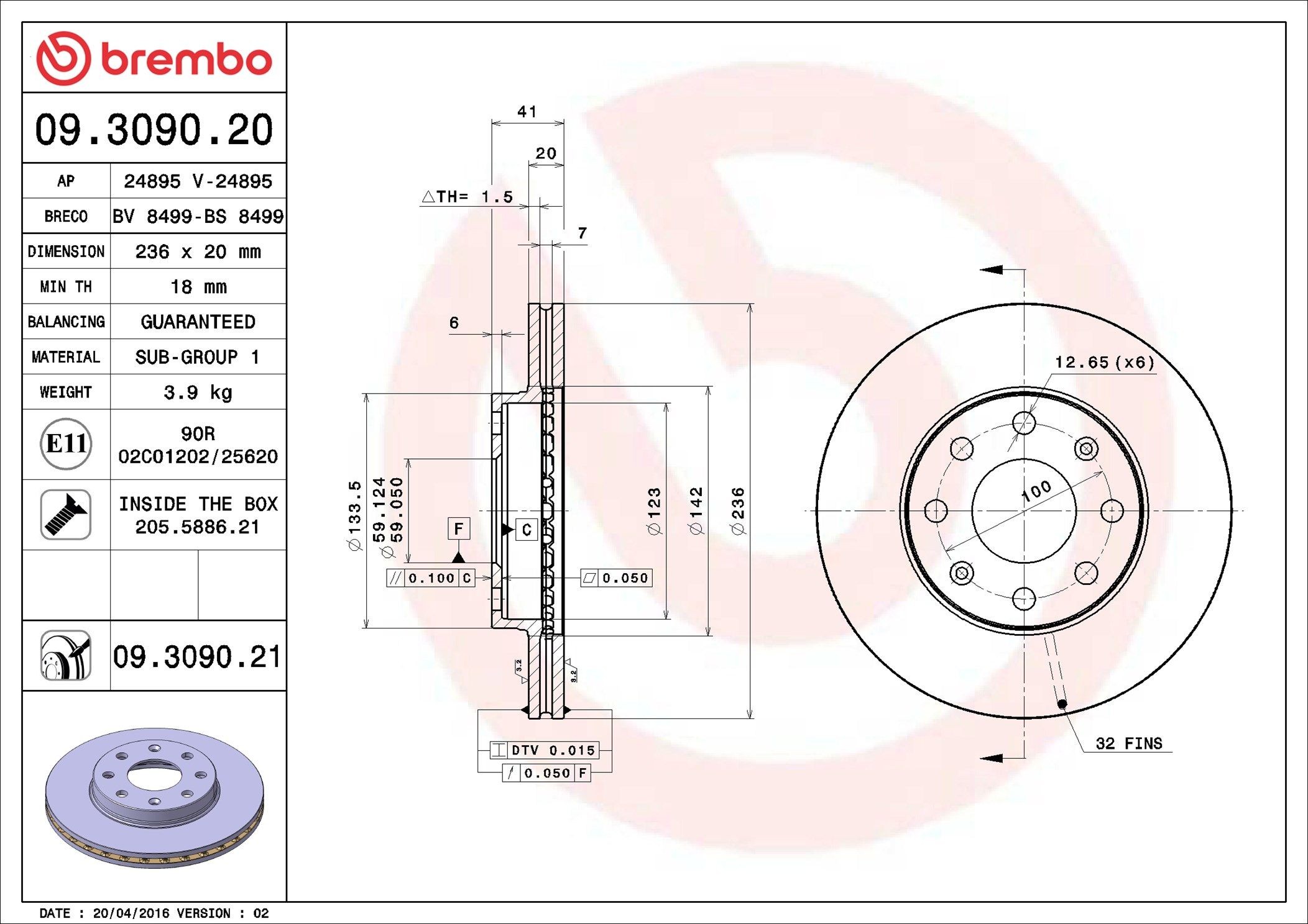 BREMBO Brake disc Article number: 09.3090.20 cheaply