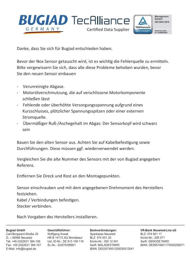BUGIAD BNX74033 NOx-sensor, NOx-katalüsaator A6 3.0 TDI quattro 218 HP Diisel 2018