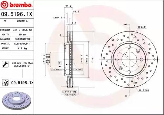 BREMBO Brake disc Article number: 09.5196.1X cheaply